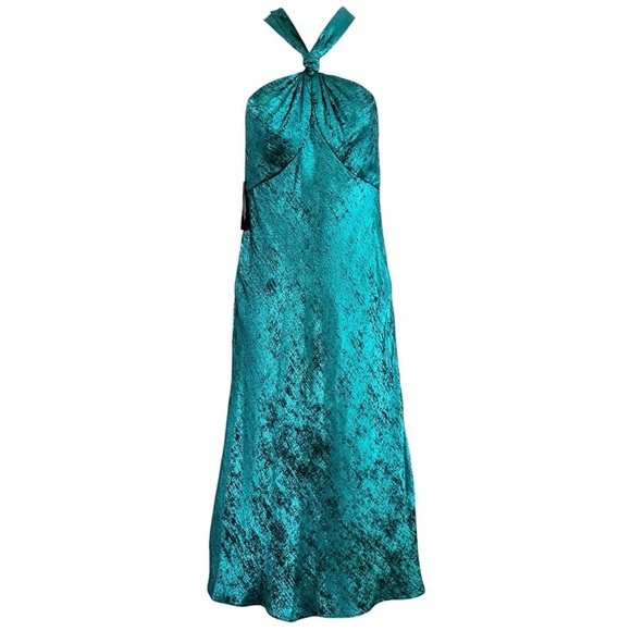 LIV FOSTER JADE Foil Chiffon Metallic Teal Halter Knotted Back Dress Size 2 NWT - Picture 2 of 16
